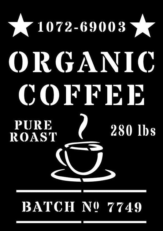Decoupage Queen organic coffee stencil with bold typography and coffee cup graphic