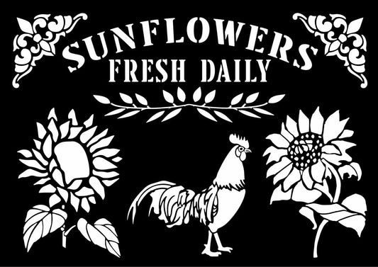 Decoupage Queen fresh sunflowers stencil with rooster, sunflower blooms and farmhouse typography