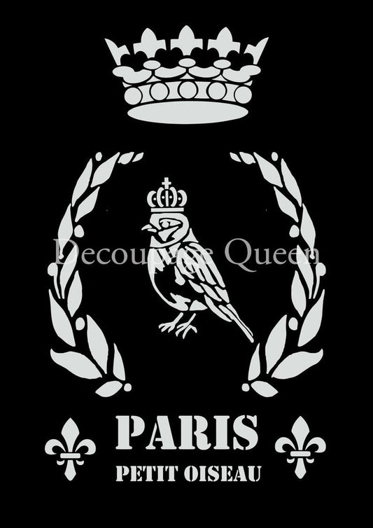 Decoupage Queen little bird stencil with crowned bird, laurel wreath and Paris lettering