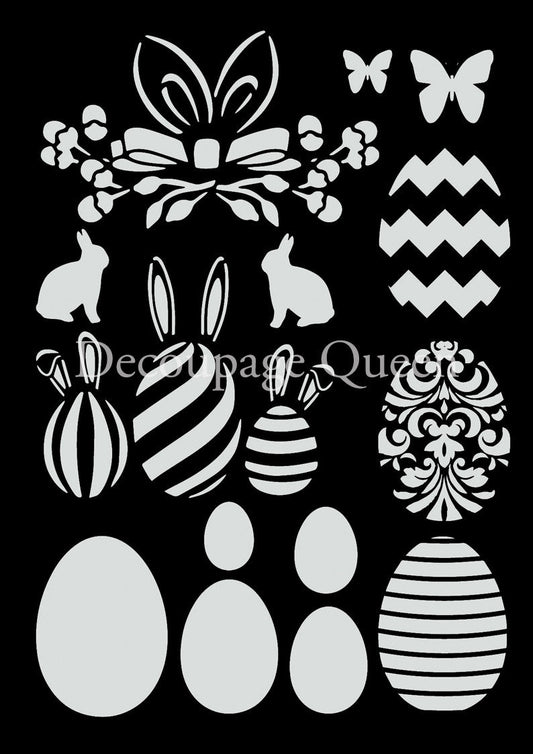 Decoupage Queen Easter bundle stencil with Easter eggs, bunnies, florals and butterfly motifs