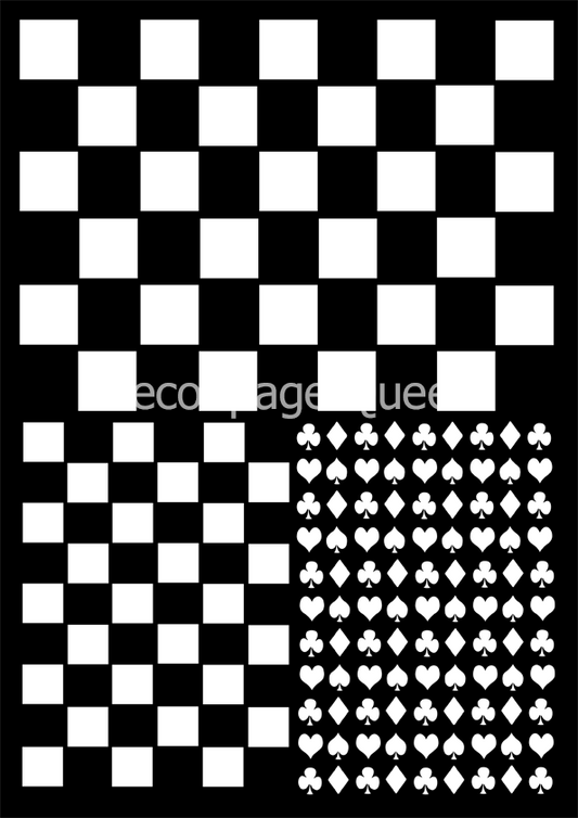 Decoupage Queen check mate stencil with checkerboard pattern and geometric repeat accents