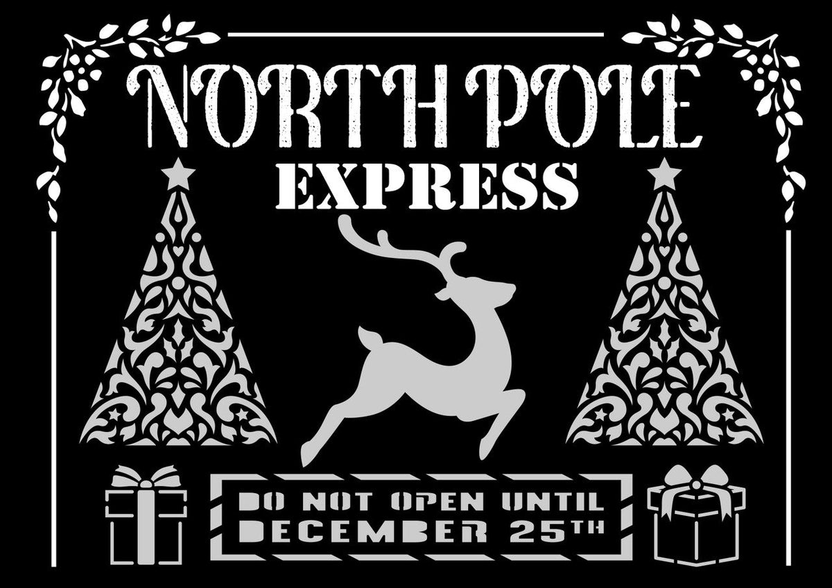 Decoupage Queen North Pole Express stencil with holiday text, reindeer, trees and gifts
