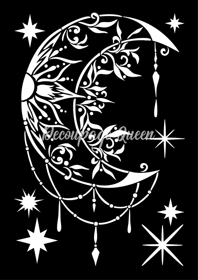 Decoupage Queen celestial stencil with crescent moon, hanging ornaments and stars