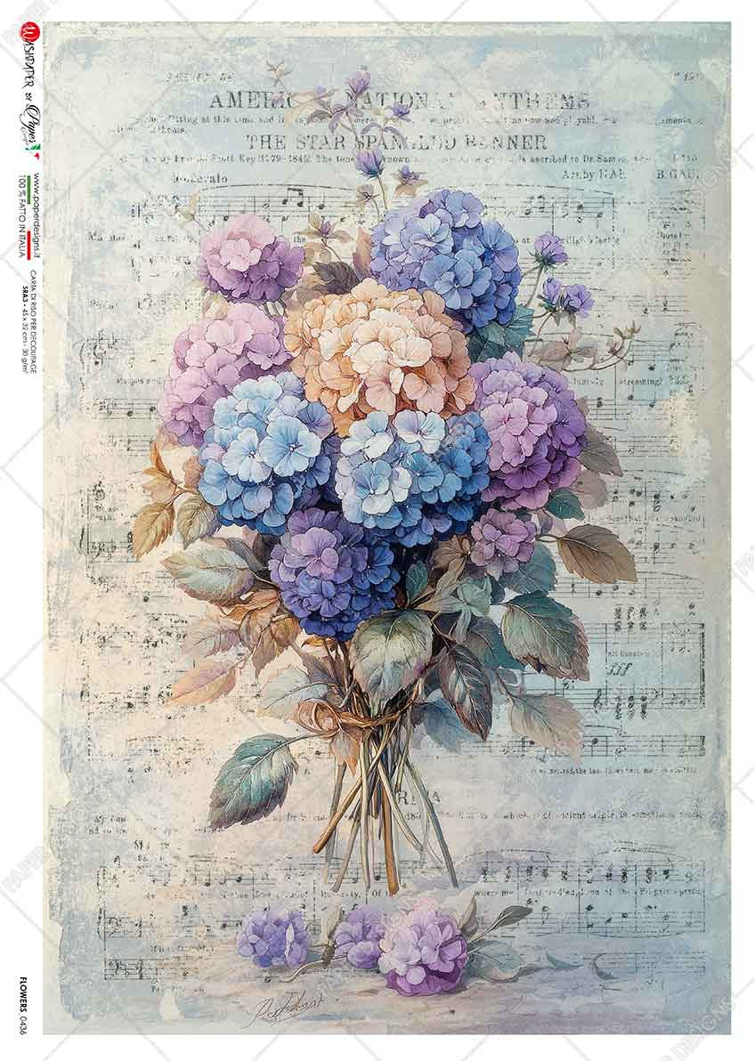 Paper Designs Hydrangeas on Sheet Music Bouquet Rice Paper