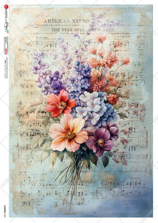 Paper Designs Soft Floral Arrangement on Sheet Music Rice Paper