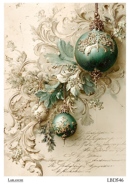LaBlanche Teal and Gold Baroque Christmas Baubles A4 Rice Paper