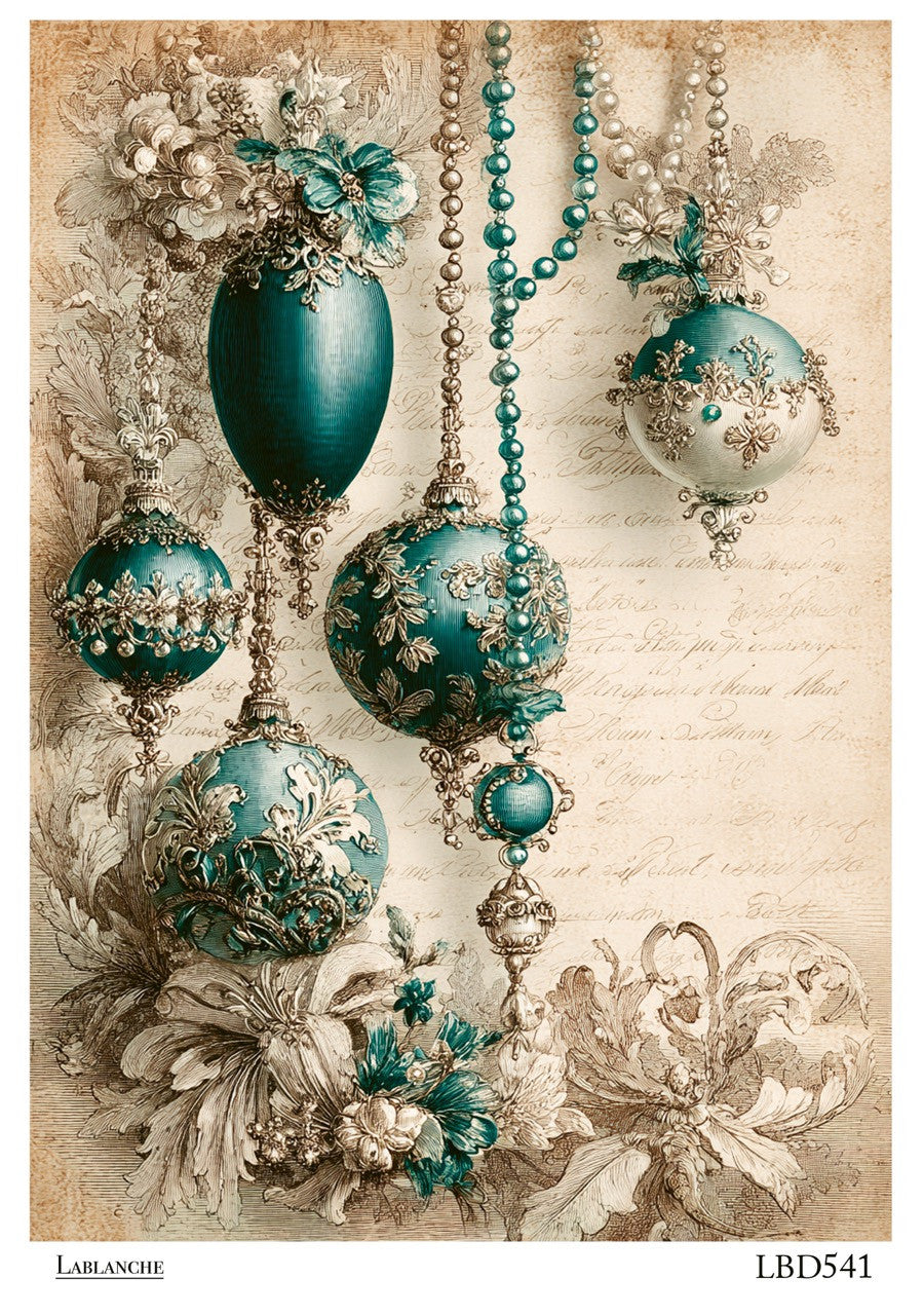 LaBlanche Teal Jeweled Christmas Ornaments and Pearls A4 Rice Paper