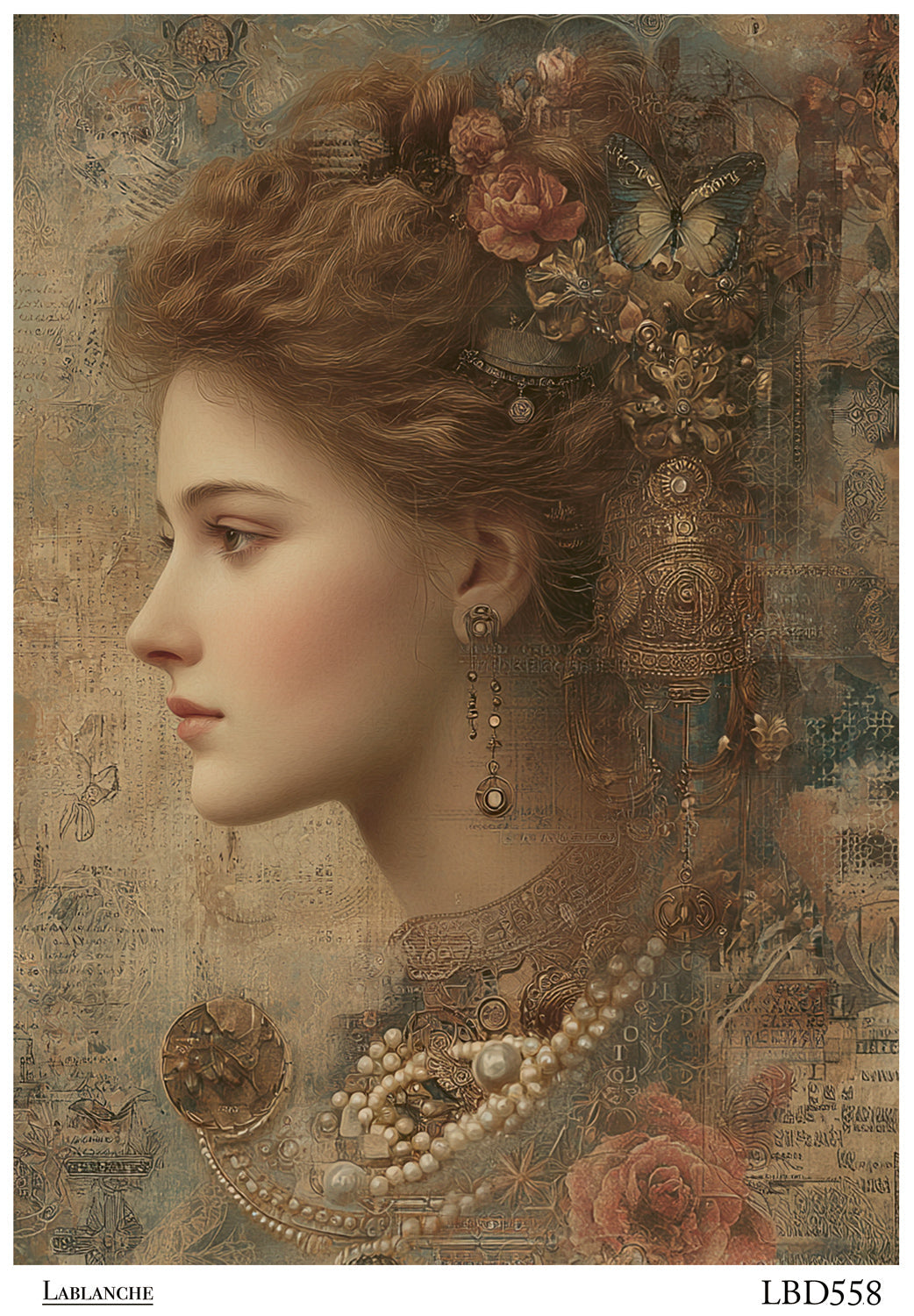 LaBlanche LBD558 A4 rice paper with steampunk woman, butterfly, roses and antique metalwork
