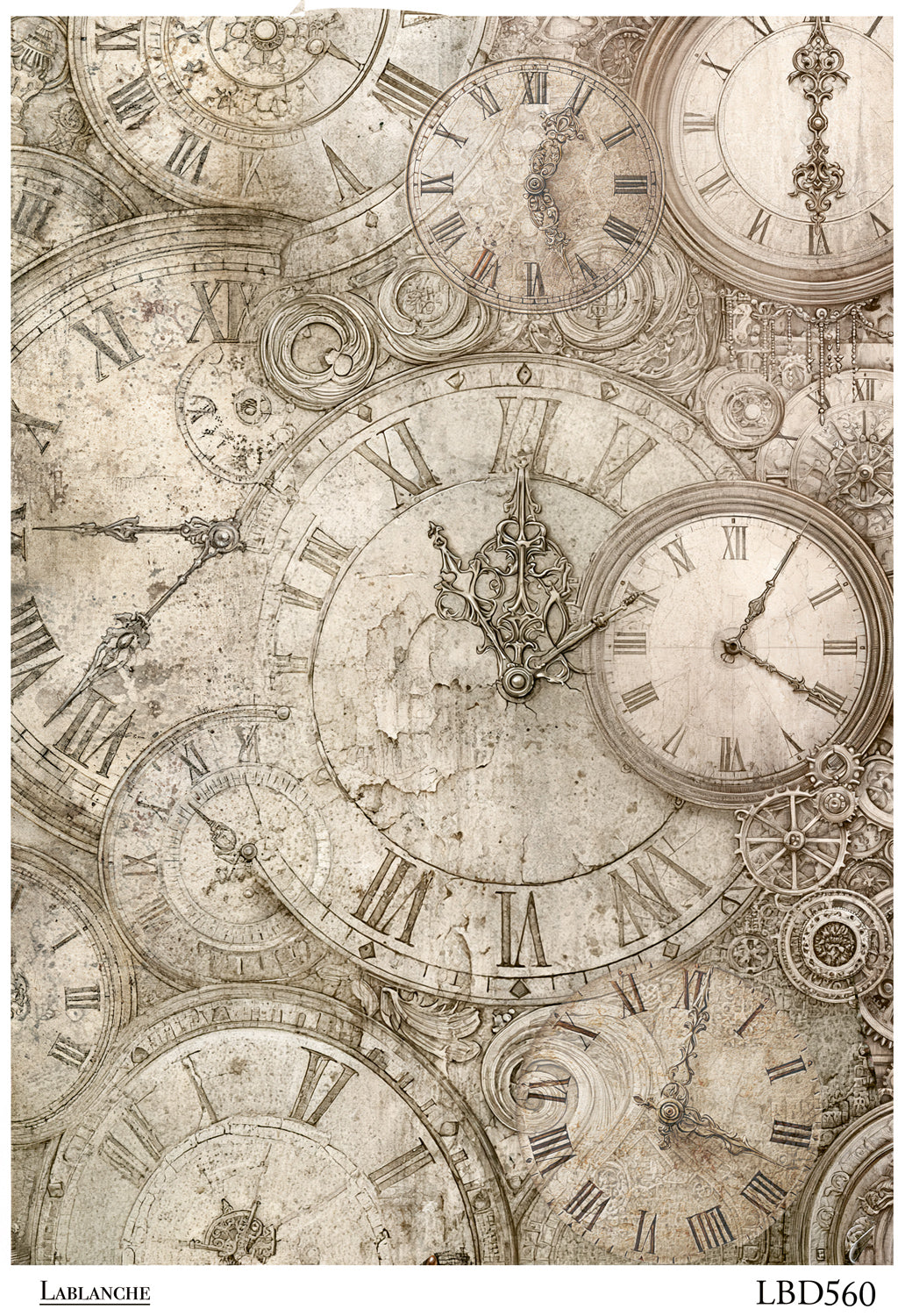 LaBlanche LBD560 A4 rice paper with antique clock faces, Roman numerals and gears