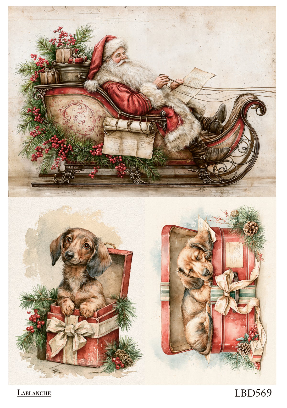 Vintage-style Christmas illustration sheet with three illustrated scenes: Santa Claus in a sleigh with gifts and evergreen branches, a dachshund sitting in an open gift box with a bow, and a sleeping dachshund peeking out of a gift box. The sheet has a warm aged-paper background and the brand name LARANCHE appears at bottom left.