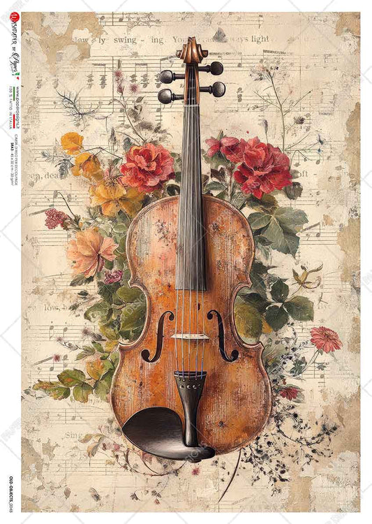 Paper Designs Violin and Florals on Antique Sheet Music Rice Paper