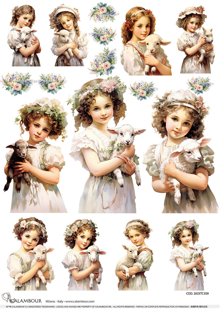 Calambour Spring 2025 A3 Rice Paper Spring Girl holding Baby Lambs