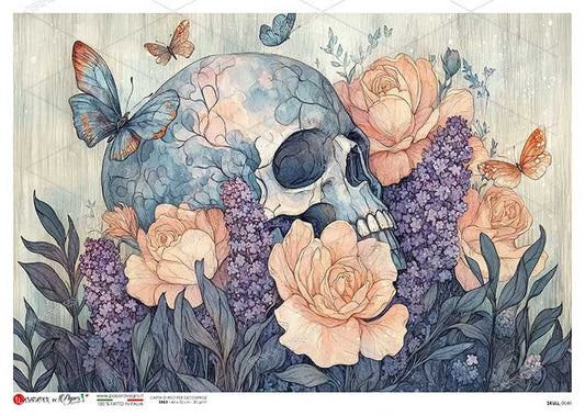 Paper Designs Skull with Lavender and Butterflies Rice Paper