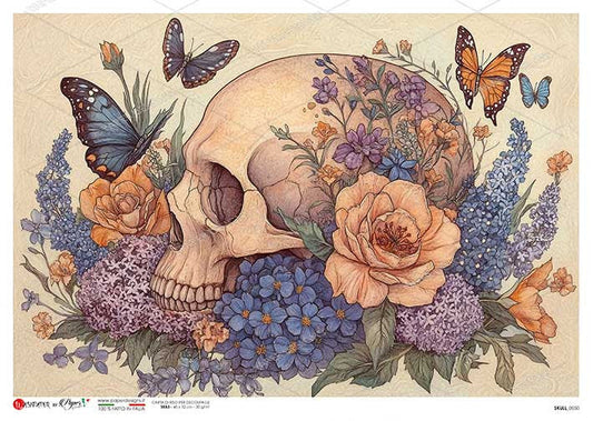Paper Designs Skull with Pansies and Butterflies Rice Paper