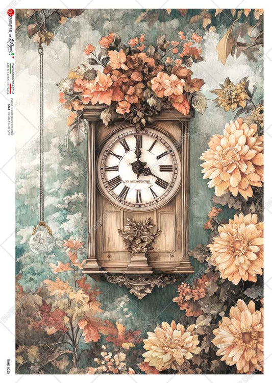 Paper Designs Antique Clock with Autumn Flowers I Rice Paper