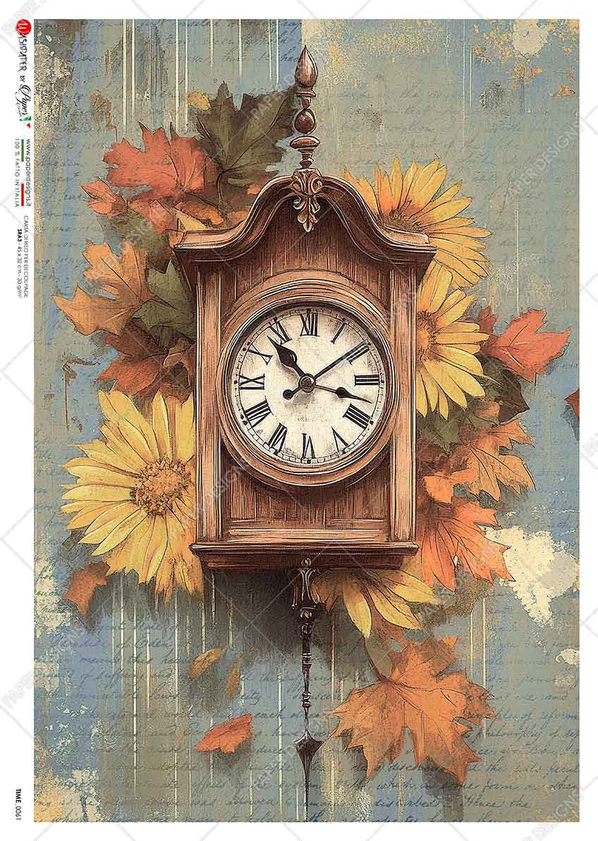 Paper Designs Antique Clock with Autumn Flowers II Rice Paper