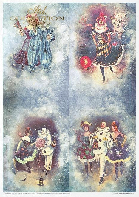 ITD Collection Rice Paper Pack of 11 A4 Carnival Circus Pierrot in love