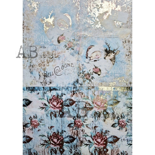 AB Studios Gilded Jolly Santa and Roses Rice Paper A4 0024