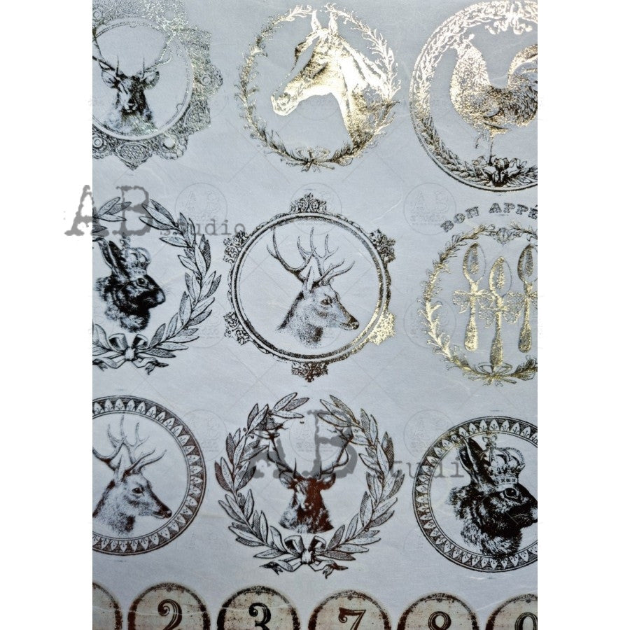 AB Studios Gilded Animal Ornament Rounds Decoupage Rice Paper A4 0032