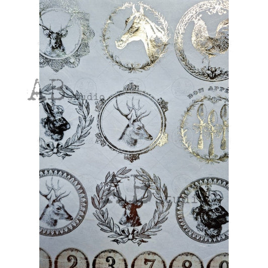 AB Studios Gilded Animal Ornament Rounds Decoupage Rice Paper A4 0032