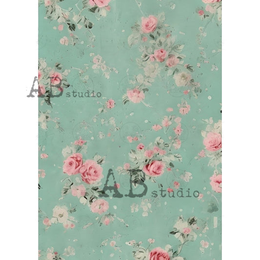 AB Studios Shabby Chic Aqua and Roses A4 Rice Paper