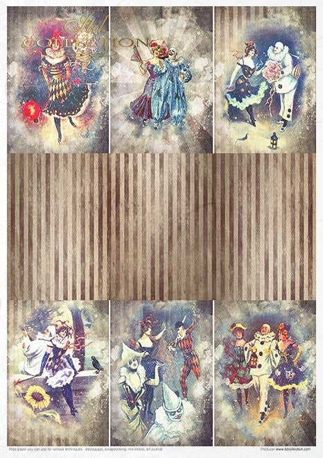ITD Collection Rice Paper Pack of 11 A4 Carnival Circus Pierrot in love