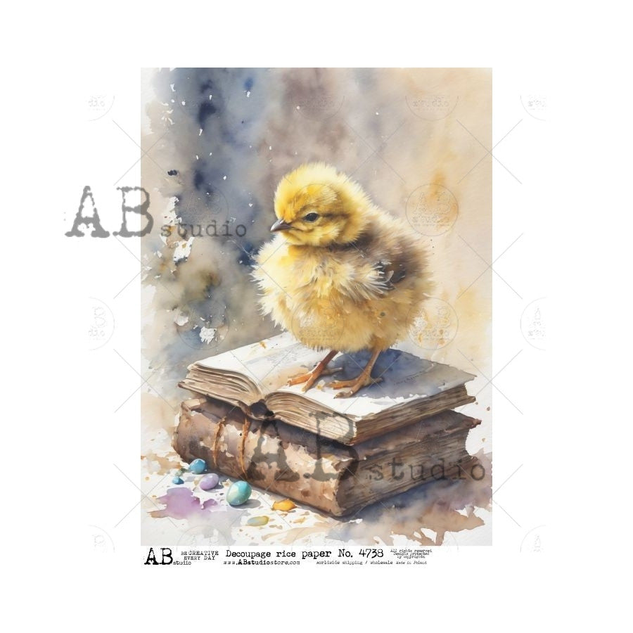 AB Studios Yellow Easter Chick on a Book Stack A4 Rice Paper