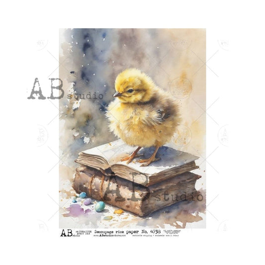 AB Studios Yellow Easter Chick on a Book Stack A4 Rice Paper