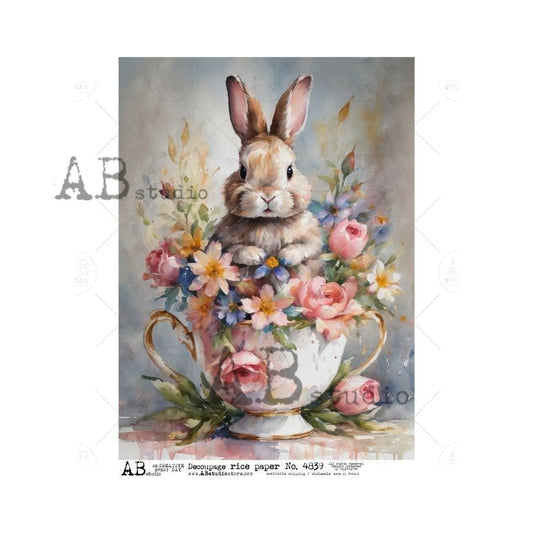 AB Studios Easter Bunny in a Teacup with Mixed Spring Florals A4 Rice Paper