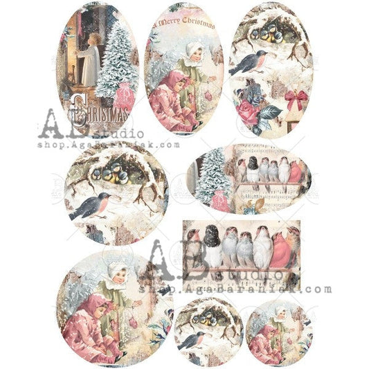 AB Studios Vintage Birds and Children Ornament Scenes Rice Paper A4 0368