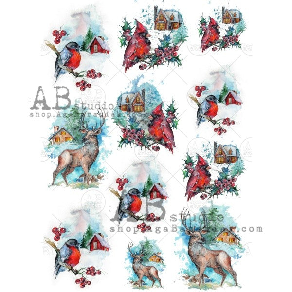 AB Studios Cardinal and Deer Watercolor Scenes Rice Paper A4 0446