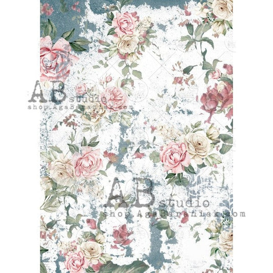 AB Studios Rice Paper A4 Soft Blue and Pink Roses