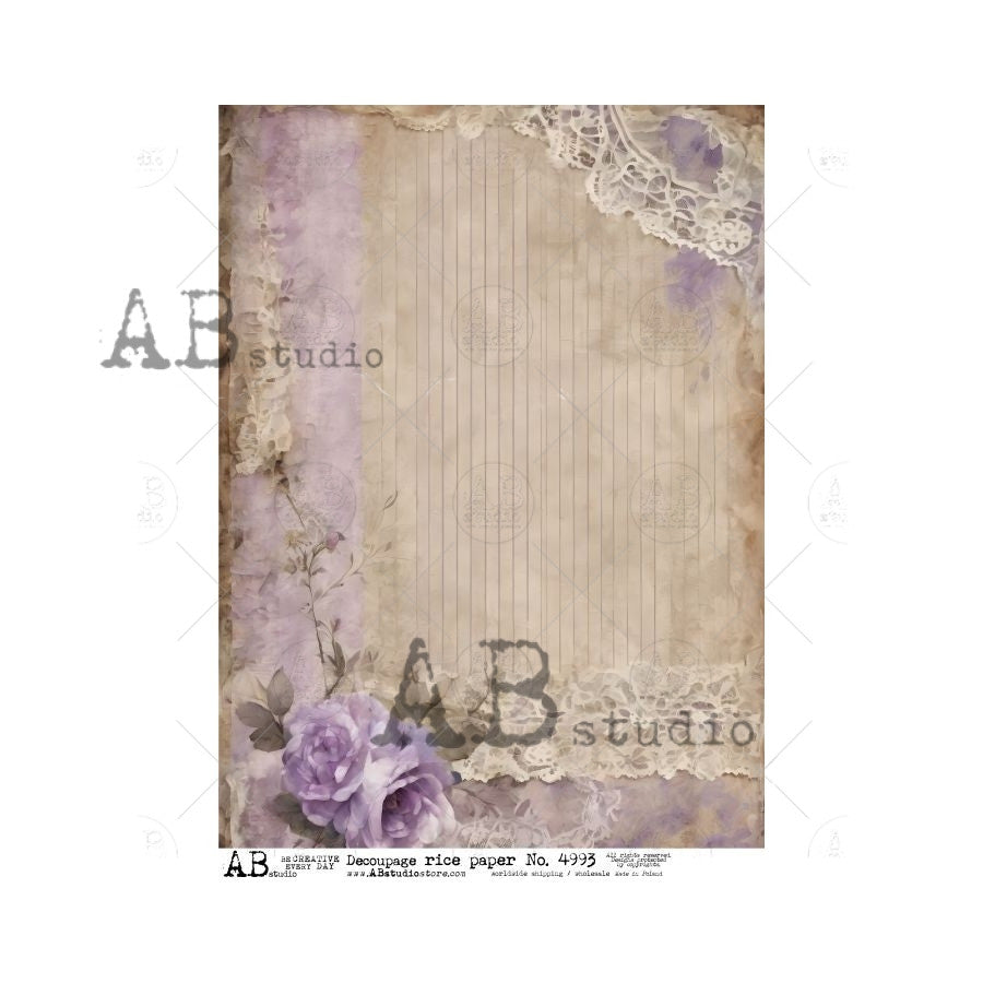 AB Studios Lavender Roses and Old Paper A4 Rice Paper