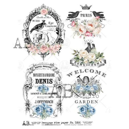 AB Studios French Bird Labels A4 Rice Paper