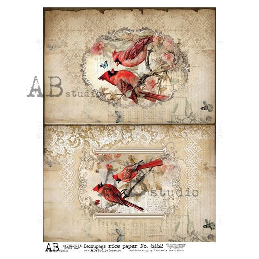 AB Studios Cardinals on Antique Paper Rice Paper