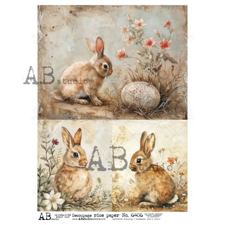 AB Studios Rabbits with Flowers Two Pack A4 Rice Paper