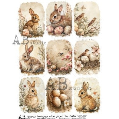 AB Studios Nine Small Easter Rabbits and Birds A4 Rice Paper