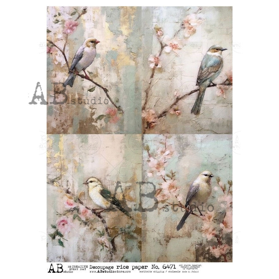 AB Studios Cherry Blossom Birds 4 Pack A4 Rice Paper
