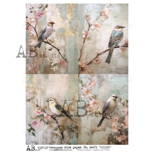 AB Studios Cherry Blossom Birds 4 Pack A4 Rice Paper
