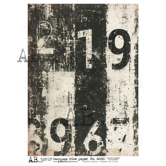 AB Studios Black and White Grunge Numbers A4 Rice Paper