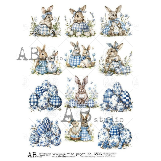 AB Studios Blue Plaid Bunny Die Cuts A4 Rice Paper