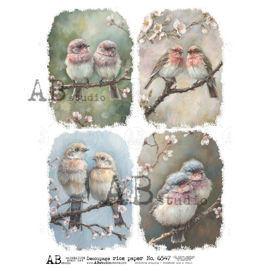 AB Studios Four Pastel Birds A4 Rice Paper