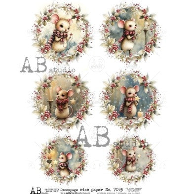 AB Studios Christmas Mice in Wreaths A4 Rice Paper