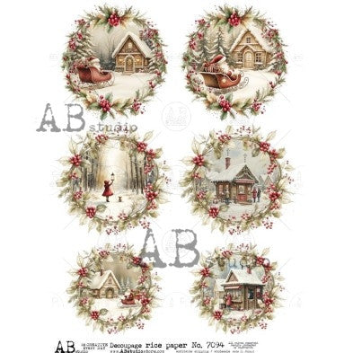 AB Studios Winter Village Scenes in Wreaths A4 Rice Paper