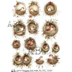 AB Studios Winter Robins in Nests A4 Rice Paper