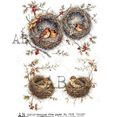 AB Studios Birds in Nests with Holly A4 Rice Paper