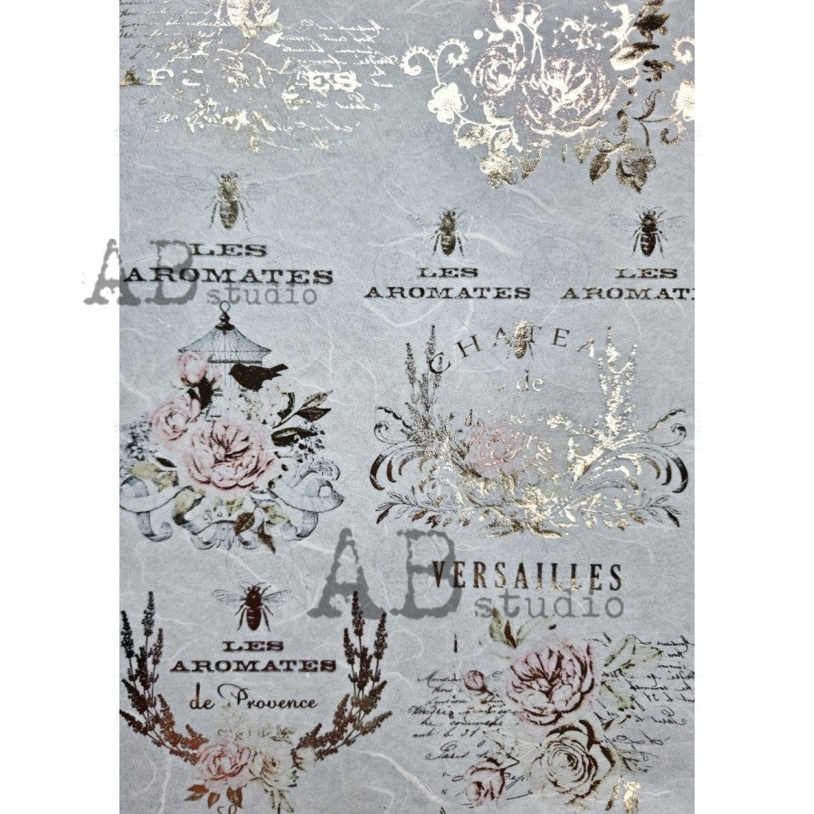 AB Studios Gilded Pink Rose French Labels Decoupage Rice Paper A4 0067