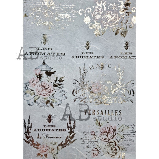 AB Studios Gilded Pink Rose French Labels Decoupage Rice Paper A4 0067