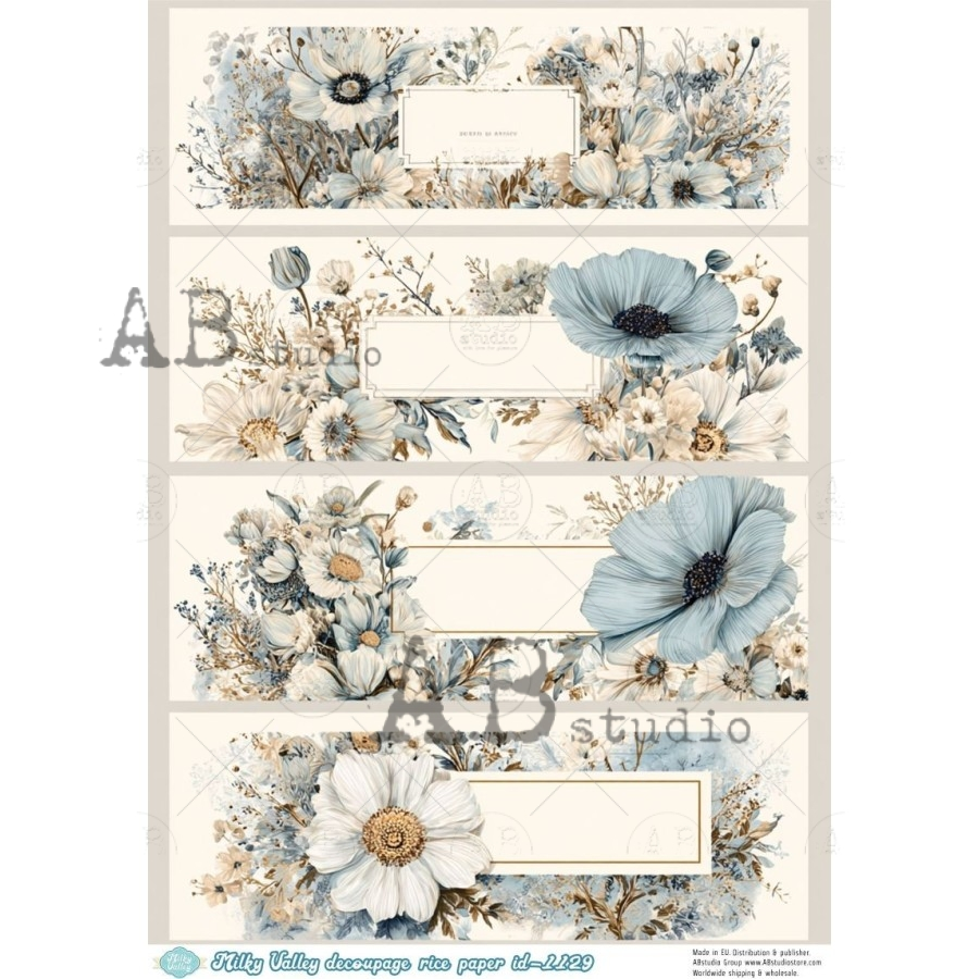 AB Studios Blue Floral Labels Rice Paper