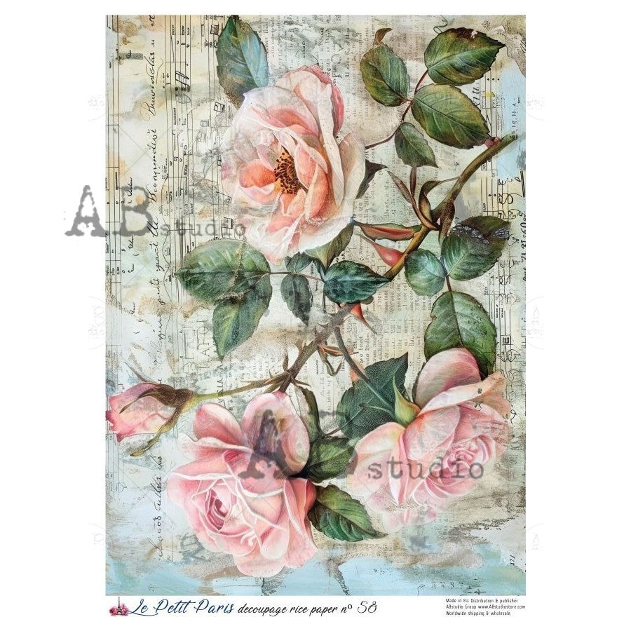 AB Studios Large Pink Rose A4 Rice Paper